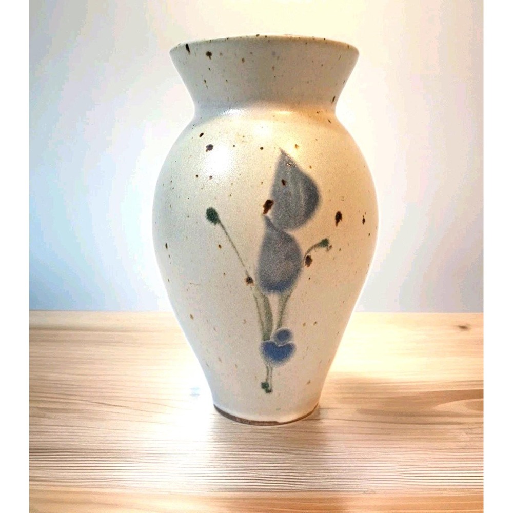 VTG 1988 Artist Signed Studio Pottery Speckled Blue Floral Stoneware Vase‎ 9.5"